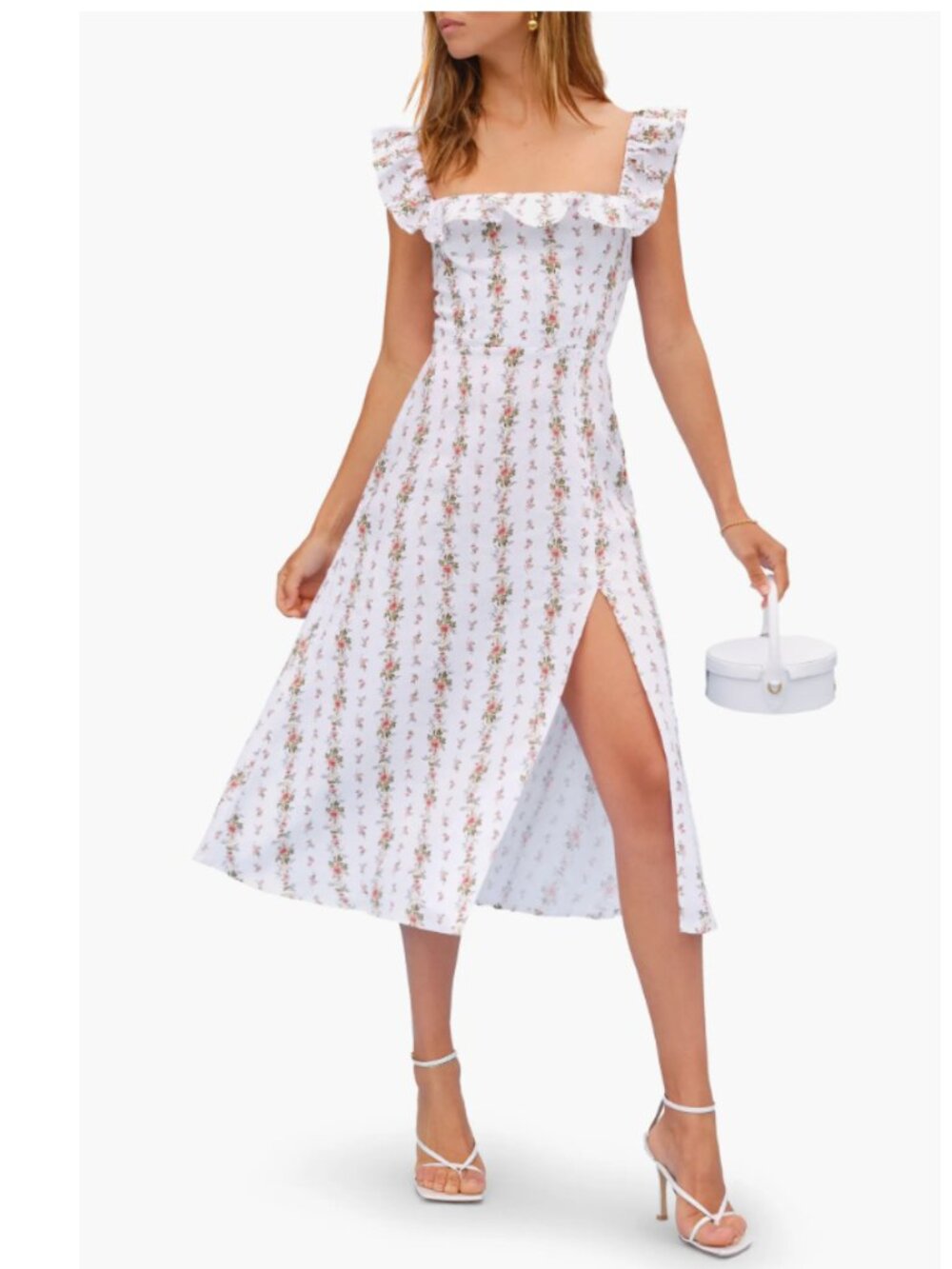 Reformation Amethyst Floral Ruffle Neck Linen Midi Dress Size 6